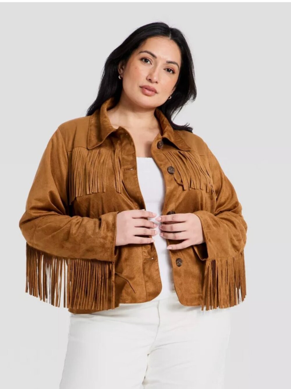 Women's Western Fringe Faux Suede Fashion Jacket - Universal Thread Brown S